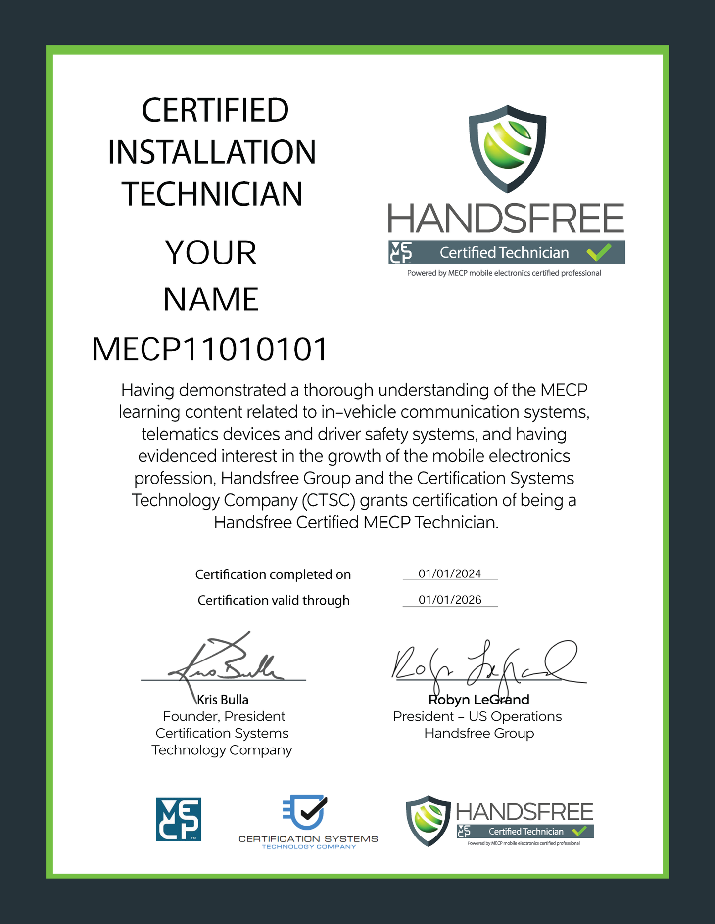 Certificado impreso profesionalmente de MECP